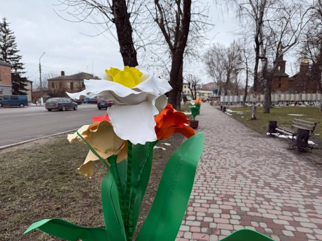 Тюльпани і нарциси у центрі Богодухова, або Квіткові інсталяції без витрат із бюджету