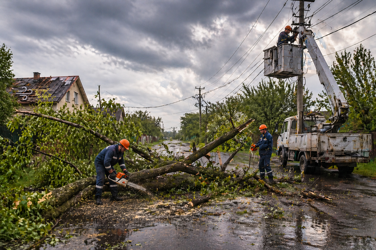 Після буревію без світла: енергетики Богодухівщини цілодобово відновлюють електропостачання